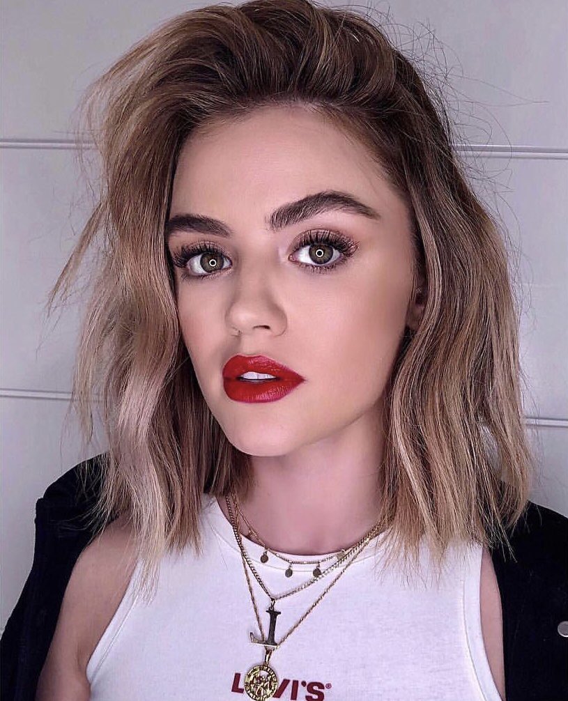 Get The Look: Lucy Hale’s Warm Glossy Lids and Classic Red Lip At The ...